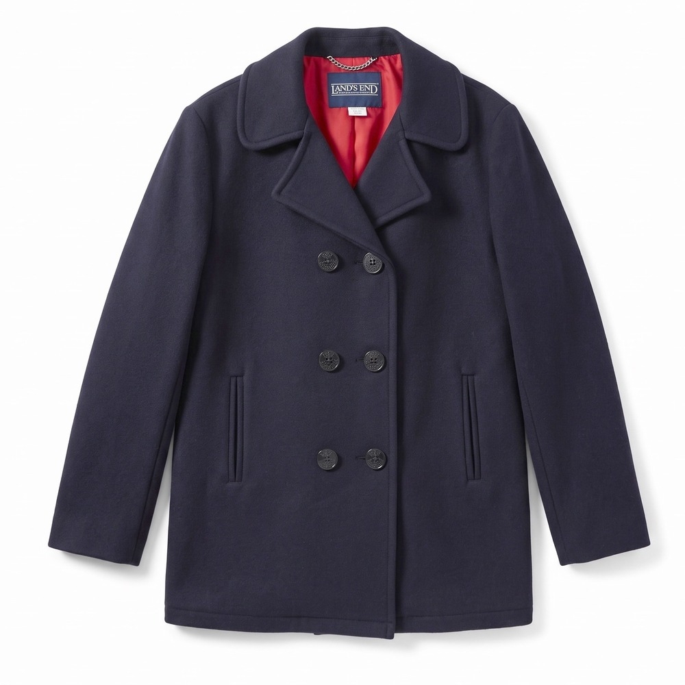 Lands End Navy 100% Virgin Wool Pea Coat Womens Plus 16 USA Vintage 90s